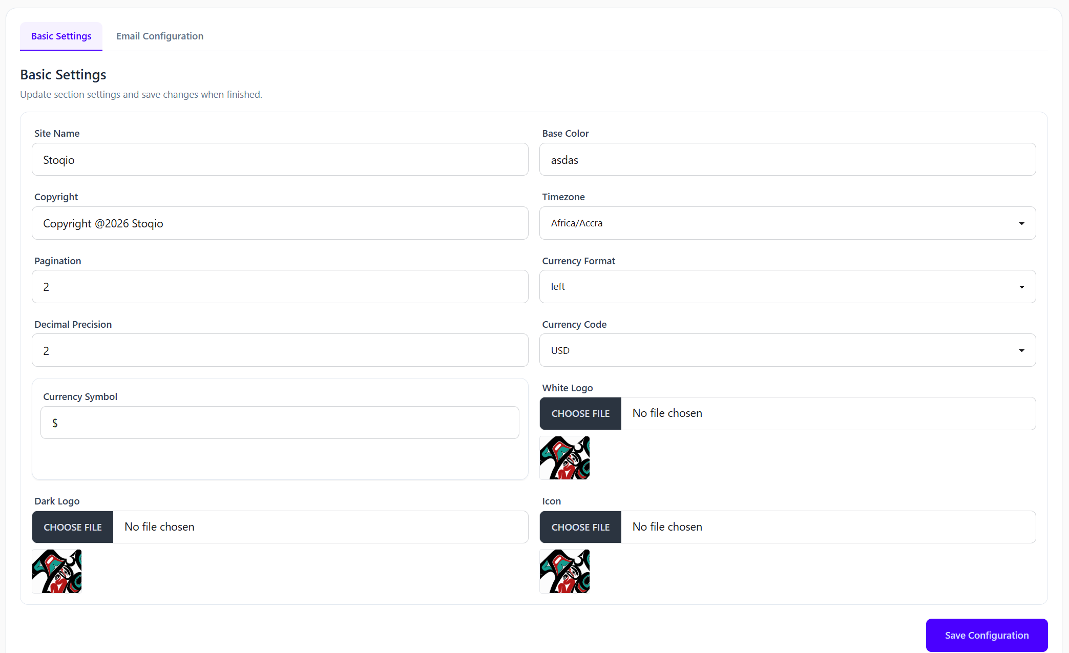 Configurations screen