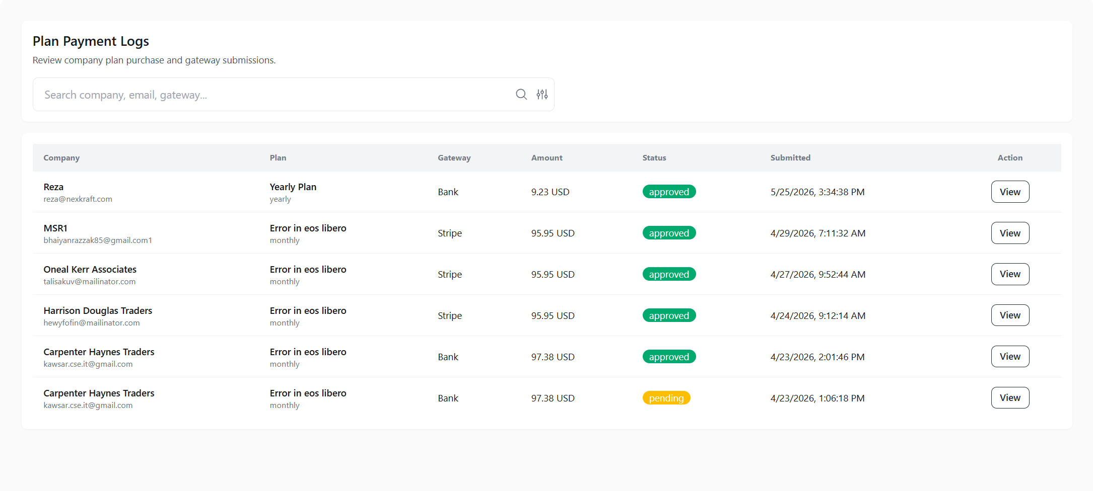 Plan Payment Logs Screenshot Placeholder