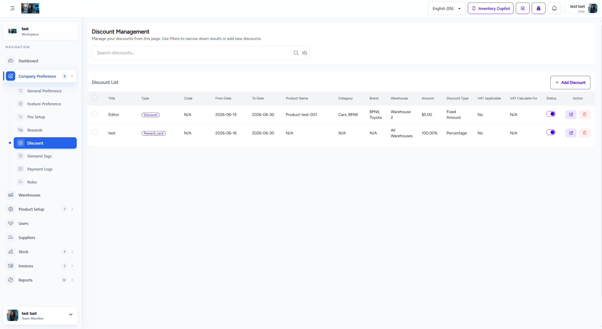 Company Preference Discount Settings