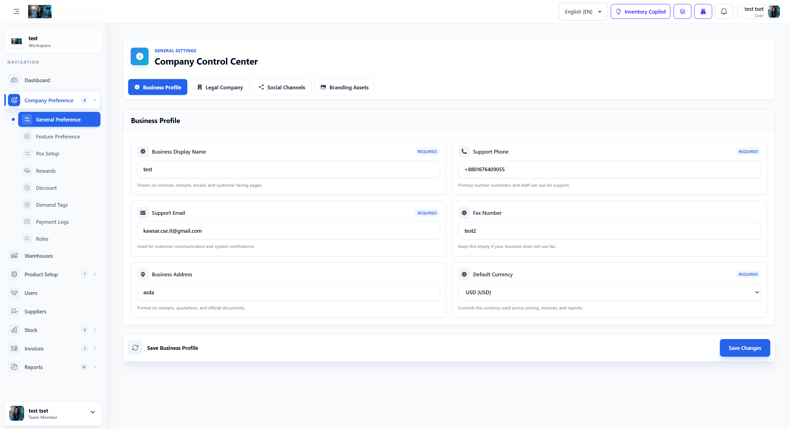 Company Preference General Settings