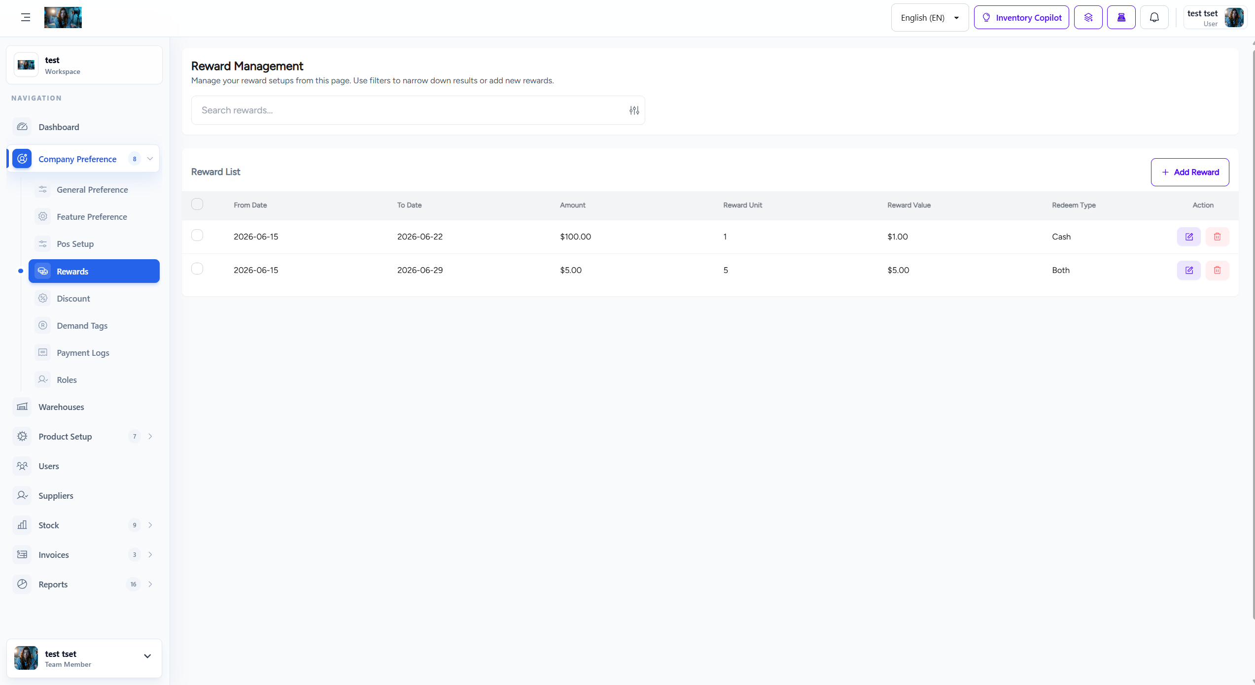 Company Preference Rewards Settings